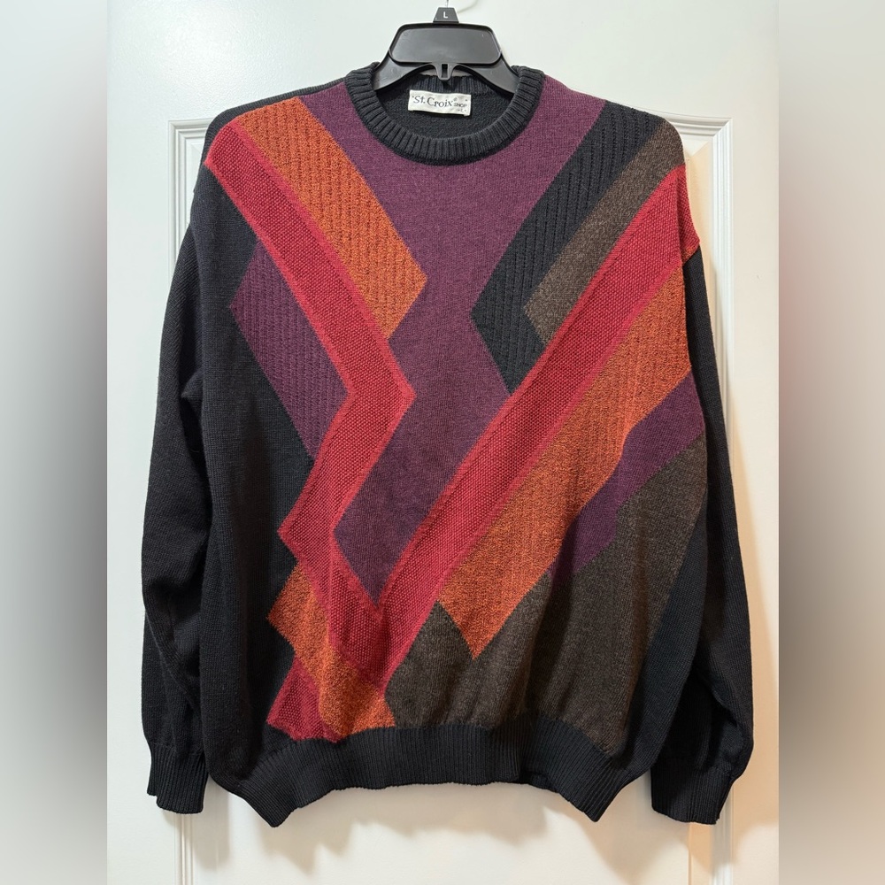 St. Croix Mens Size L Geometric Knit Sweater Vintage 90s Colorblock Crewneck